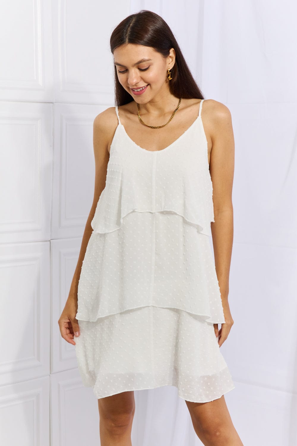 Culture Code By The River Full Size Cascade Ruffle Style Cami Dress in Soft White - Body By J'ne