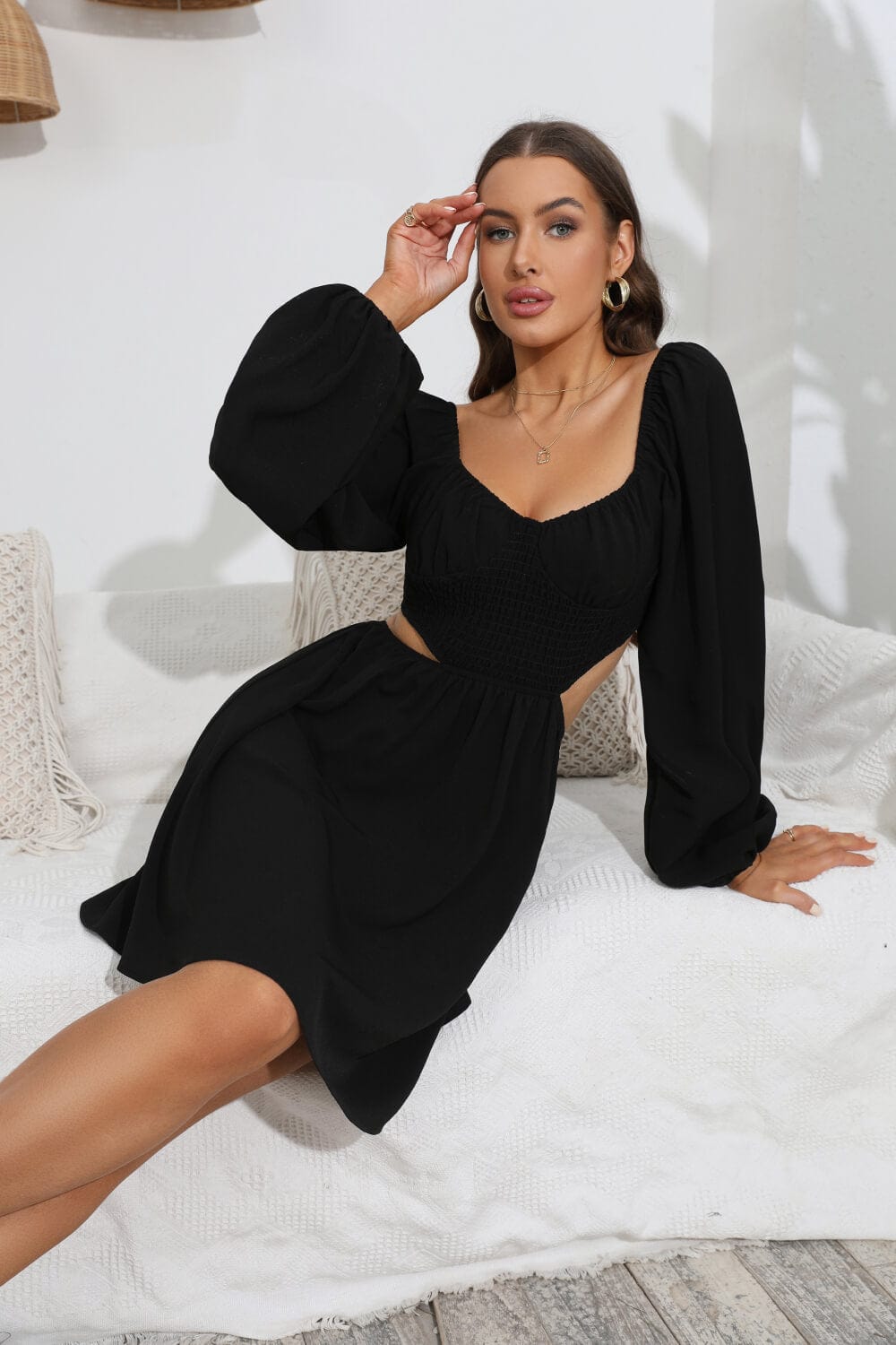 Cutout Long Balloon Sleeve Dress - Body By J'ne