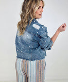 Pearl Embellished Ripped Button Down Denim Jacket - Body By J'ne