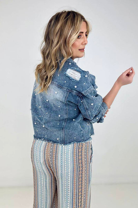 Pearl Embellished Ripped Button Down Denim Jacket - Body By J'ne