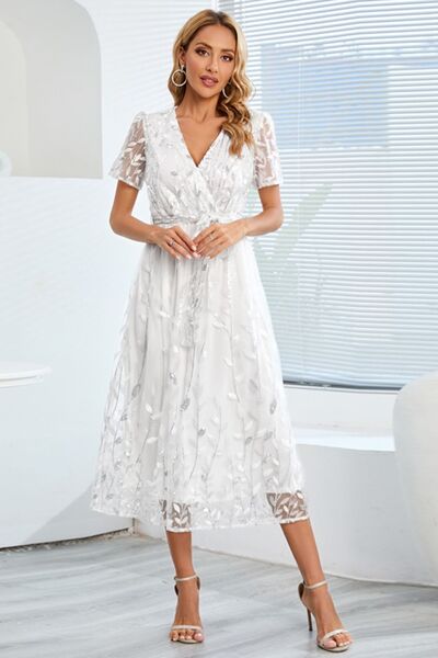 Sequin Leaf Embroidery Tie Front Short Sleeve Dress - Body By J'ne