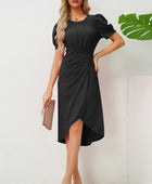 Slit Ruched Round Neck Puff Sleeve Dress - Body By J'ne