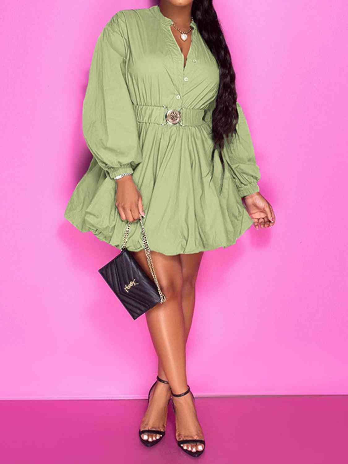 Notched Button Up Balloon Sleeves Dress - Body By J'ne