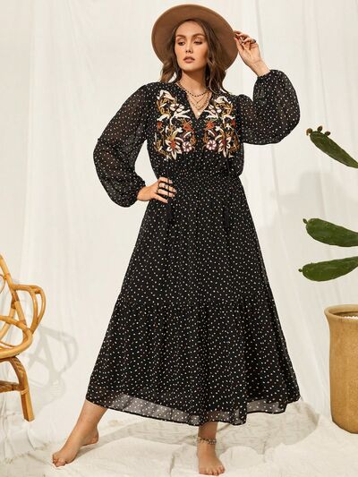 Plus Size Embroidered Tassel Balloon Sleeve Dress - Body By J'ne