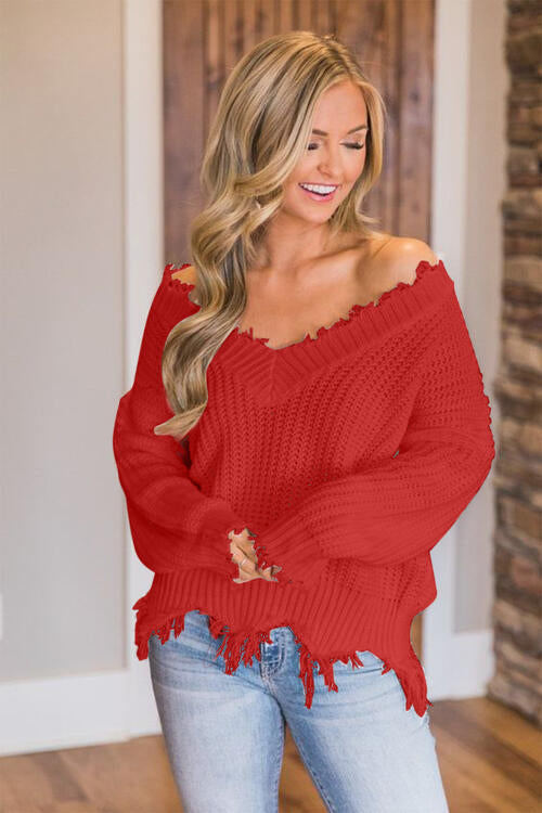 Frayed Hem Dropped Shoulder Sweater - Body By J'ne
