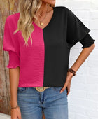 Contrast V-Neck Lantern Sleeve Blouse - Body By J'ne