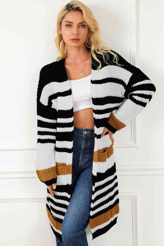 Striped Open Front Cardigan with Pockets - Body By J'ne