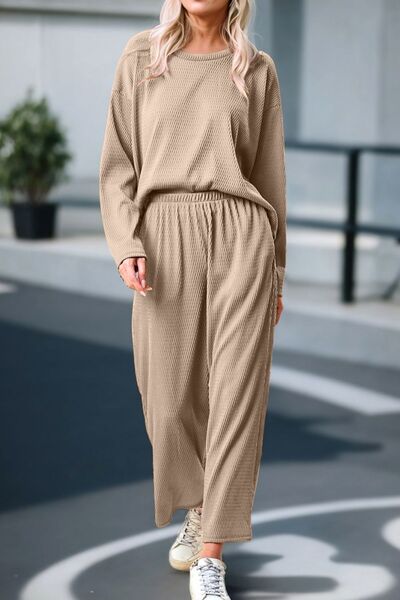 Round Neck Dropped Shoulder Top and Pants Set - Body By J'ne