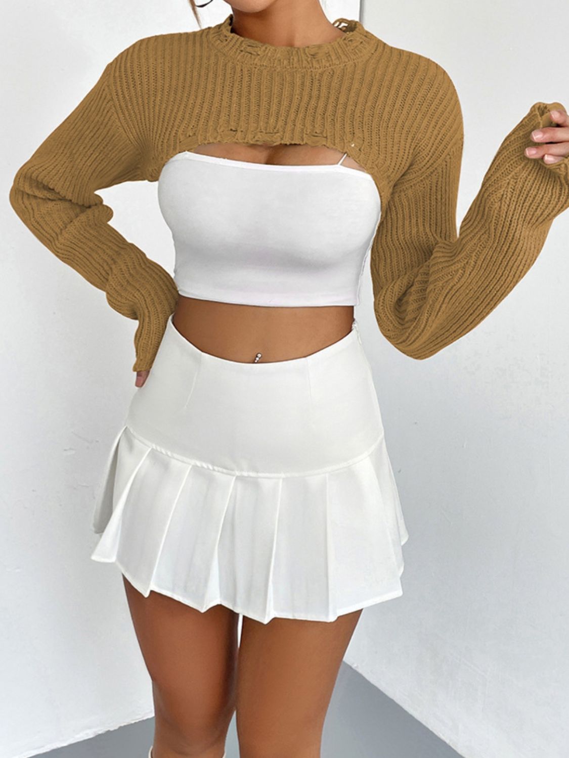 Distressed Long Sleeve Cropped Sweater - Body By J'ne