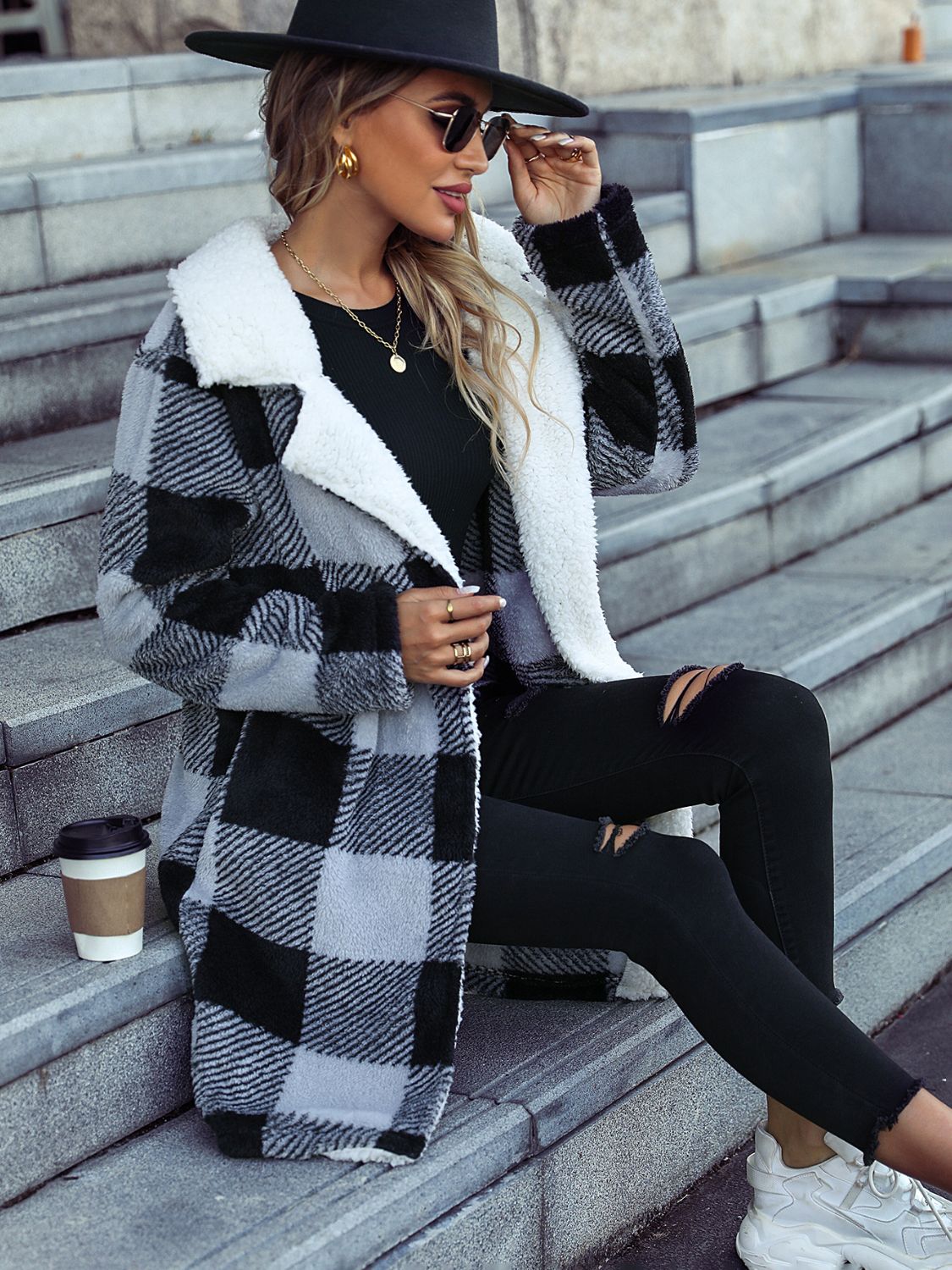 Plaid Open Front Coat with Pockets - Body By J'ne