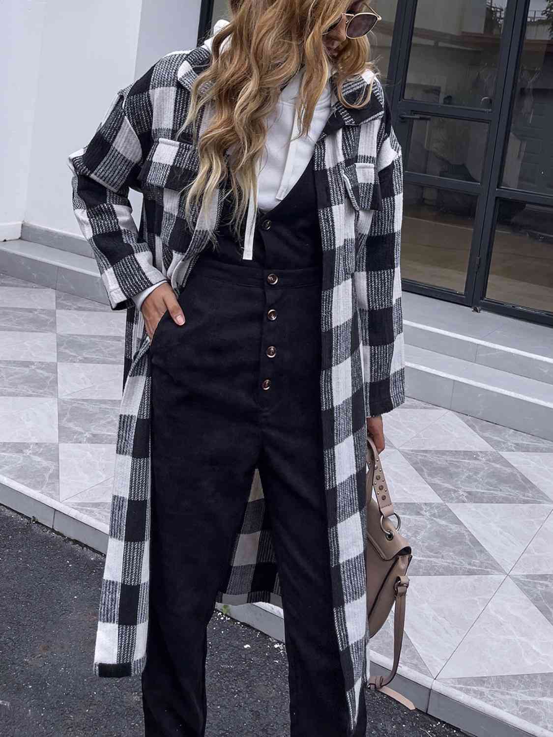 Plaid Collared Neck Slit Longline Coat - Body By J'ne