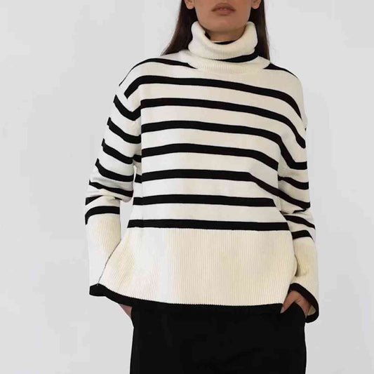 Striped Turtleneck Flare Sleeve Sweater - Body By J'ne