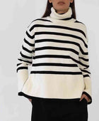 Striped Turtleneck Flare Sleeve Sweater - Body By J'ne