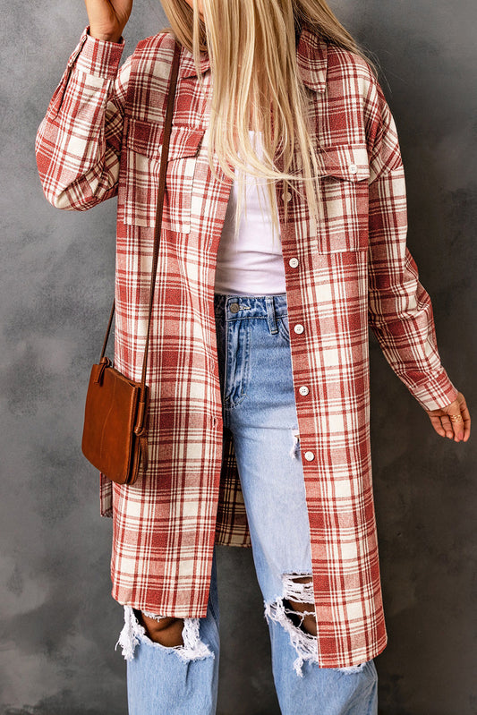 Plaid Button-Up Longline Shacket with Breast Pockets - Body By J'ne