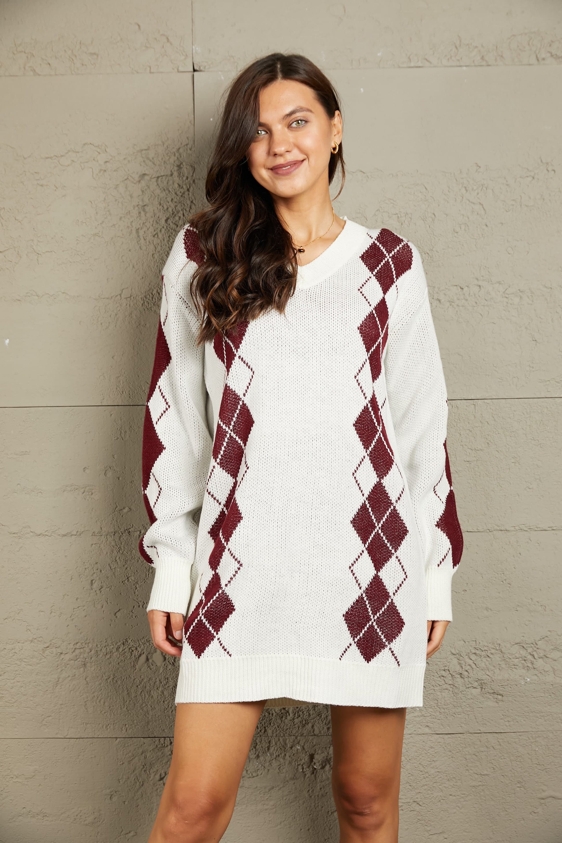 Woven Right Argyle V-Neck Ribbed Trim Sweater Dress - Body By J'ne