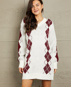 Woven Right Argyle V-Neck Ribbed Trim Sweater Dress - Body By J'ne