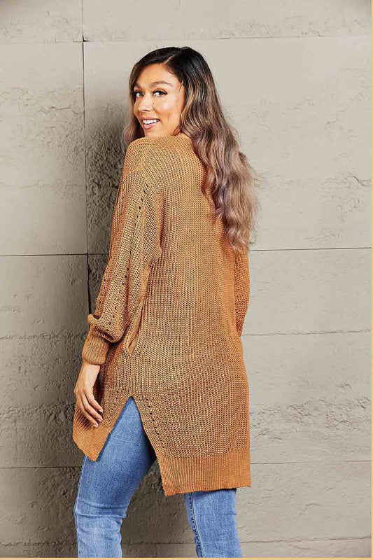 Openwork Rib-Knit Slit Cardigan - Body By J'ne