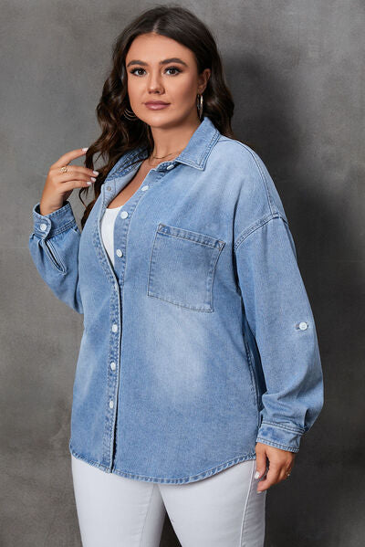 Plus Size Button Up Pocketed Denim Top - Body By J'ne