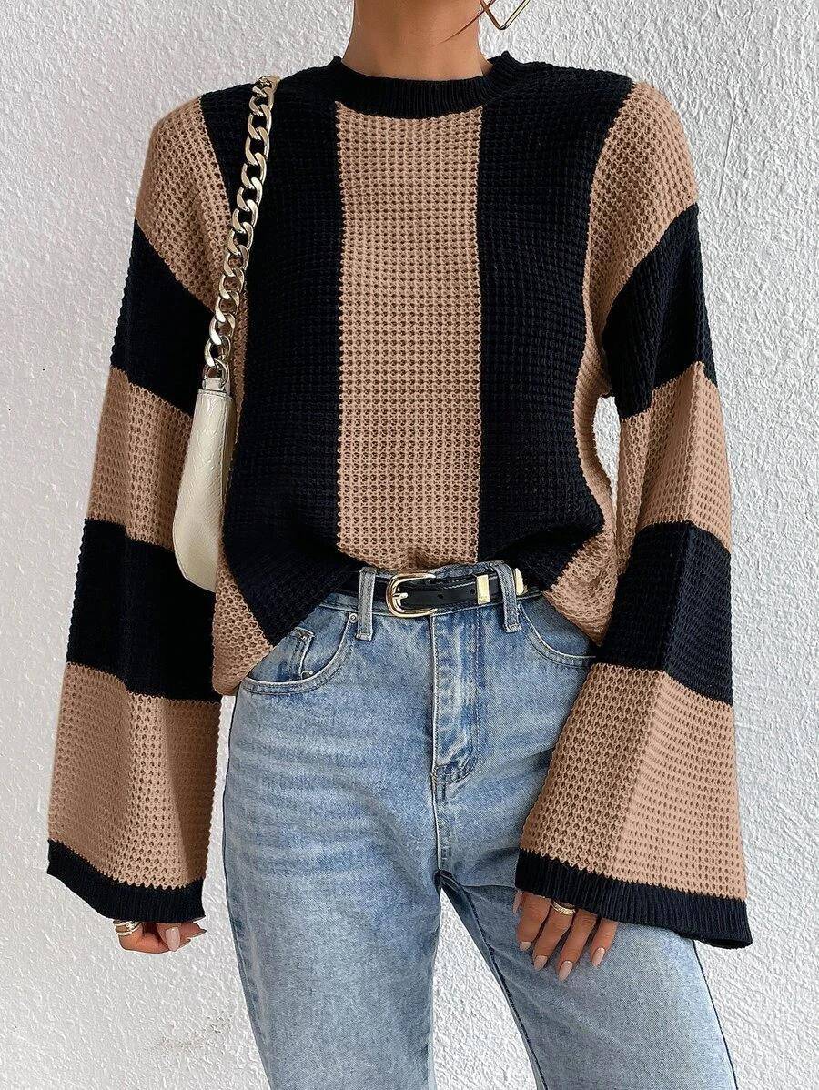 Crew Neck Waffle Drop Shoulder Knit Sweater - Body By J'ne