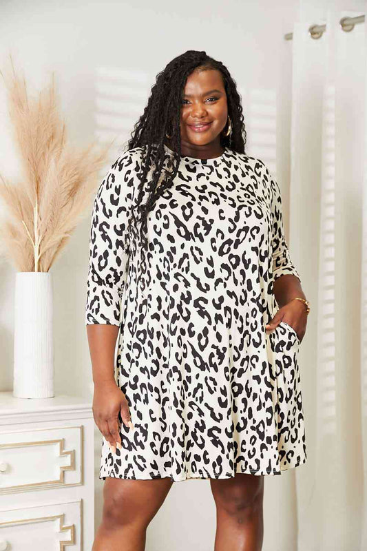 Full Size Leopard Three-Quarter Sleeve Dress with Pockets - Body By J'ne