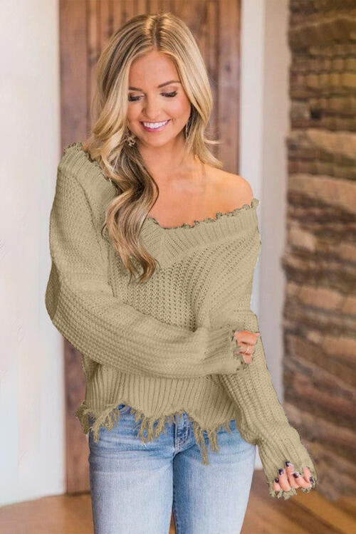 Frayed Hem Dropped Shoulder Sweater - Body By J'ne