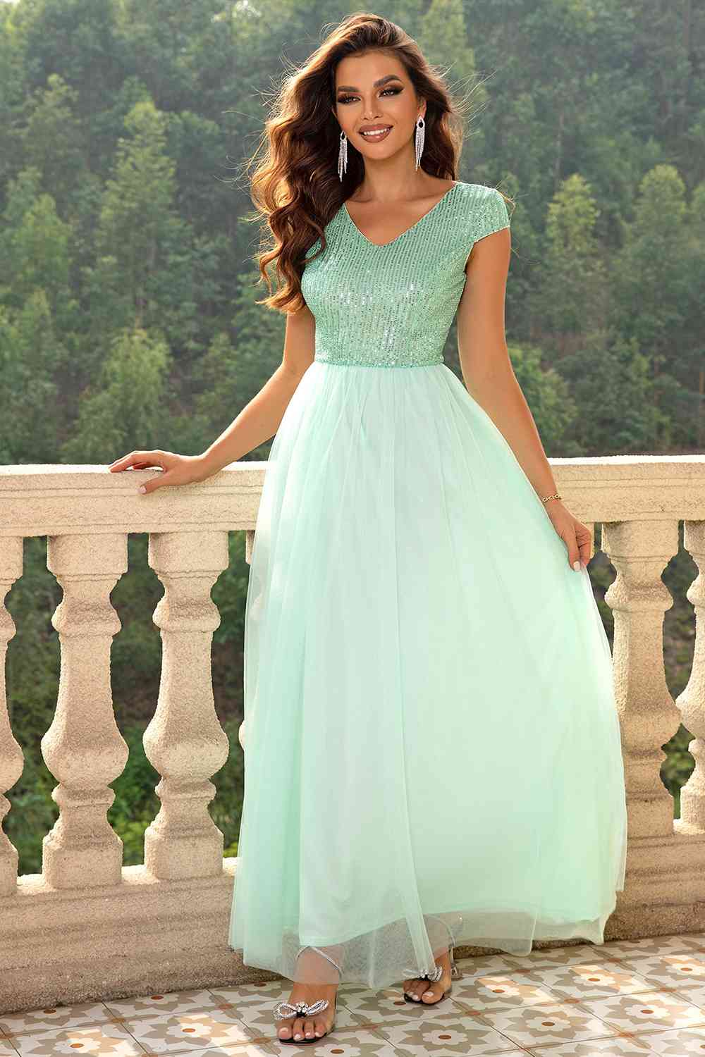 Sequin V-Neck Mesh Maxi Dress - Body By J'ne