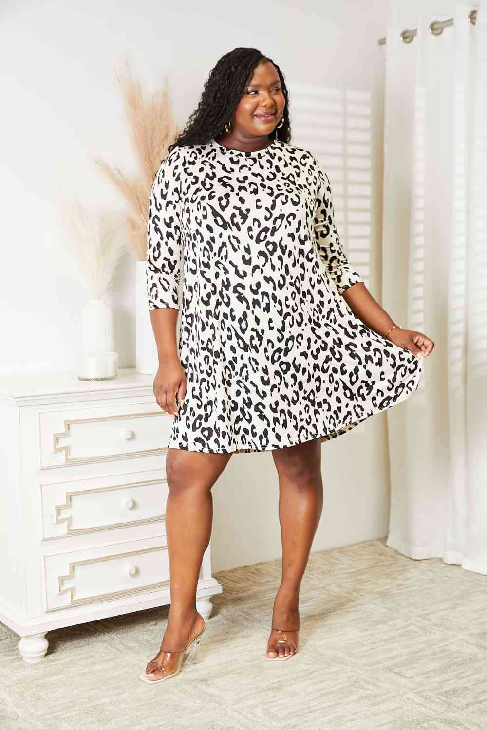 Full Size Leopard Three-Quarter Sleeve Dress with Pockets - Body By J'ne