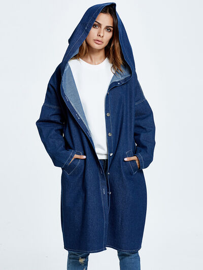 Button Up Dropped Shoulder Hooded Denim Top - Body By J'ne