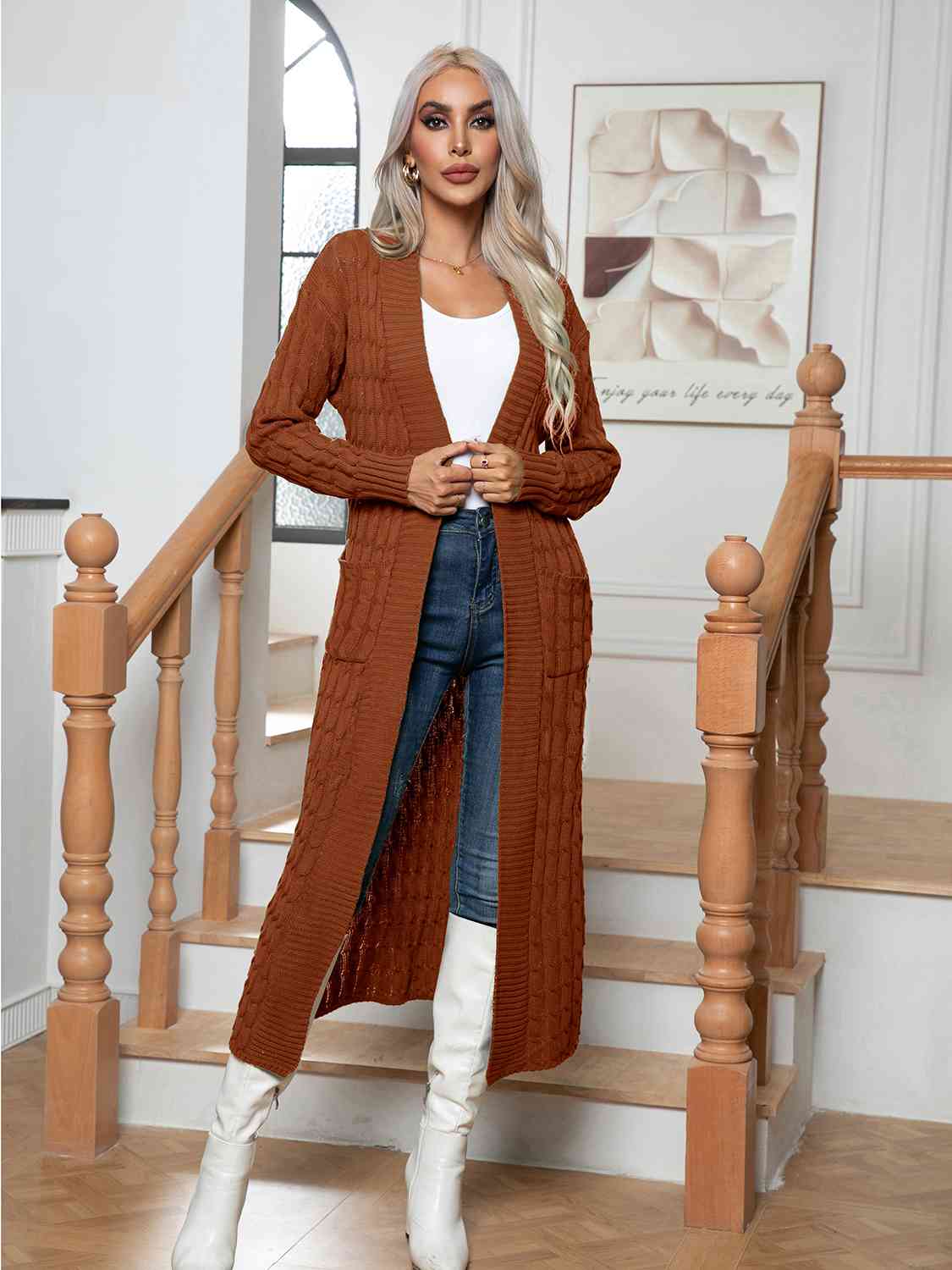 Cable-Knit Open Front Cardigan with Pockets - Body By J'ne