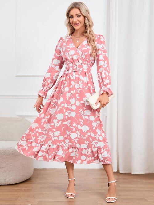 Floral Surplice Flounce Sleeve Ruffle Hem Dress - Body By J'ne