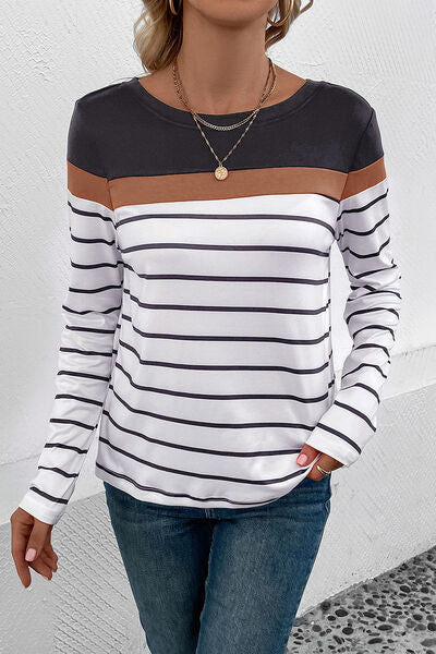 Striped Round Neck Long Sleeve T-Shirt - Body By J'ne