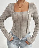 Ribbed Decorative Button Long Sleeve T-Shirt - Body By J'ne