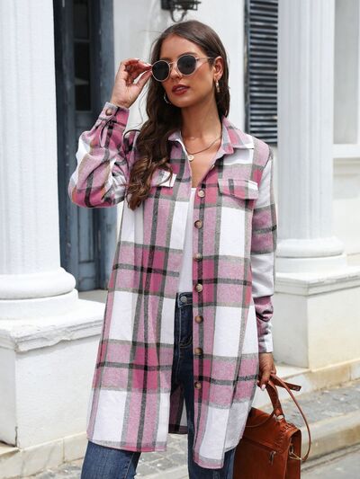 Plaid Belted Collared Neck Button Up Jacket - Body By J'ne