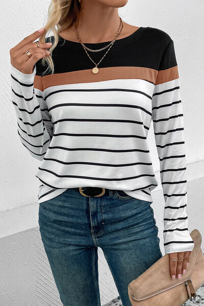 Striped Round Neck Long Sleeve T-Shirt - Body By J'ne