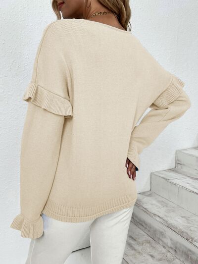 Ruffled V-Neck Dropped Shoulder Sweater - Body By J'ne