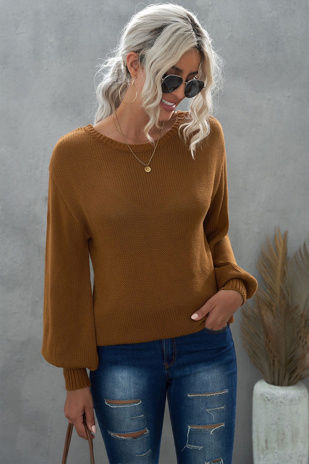 Tied Balloon Sleeve Round Neck Sweater - Body By J'ne