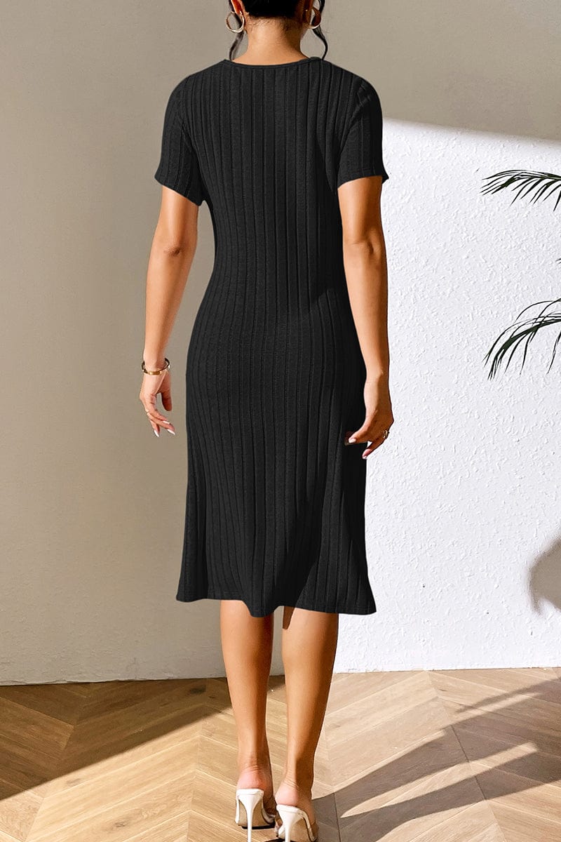 Ribbed Asymmetrical Neck Short Sleeve Dress - Body By J'ne