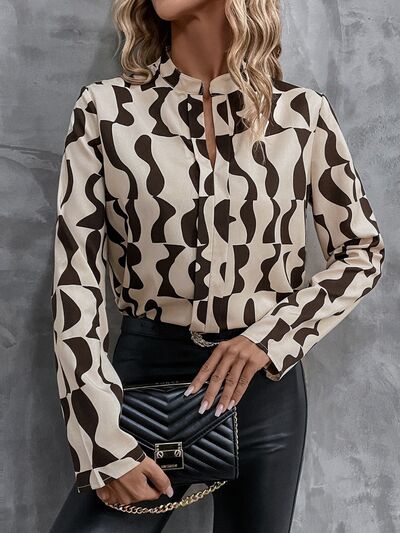 Printed Notched Long Sleeve Blouse - Body By J'ne