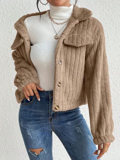 Fuzzy Button Up Collared Neck Jacket - Body By J'ne