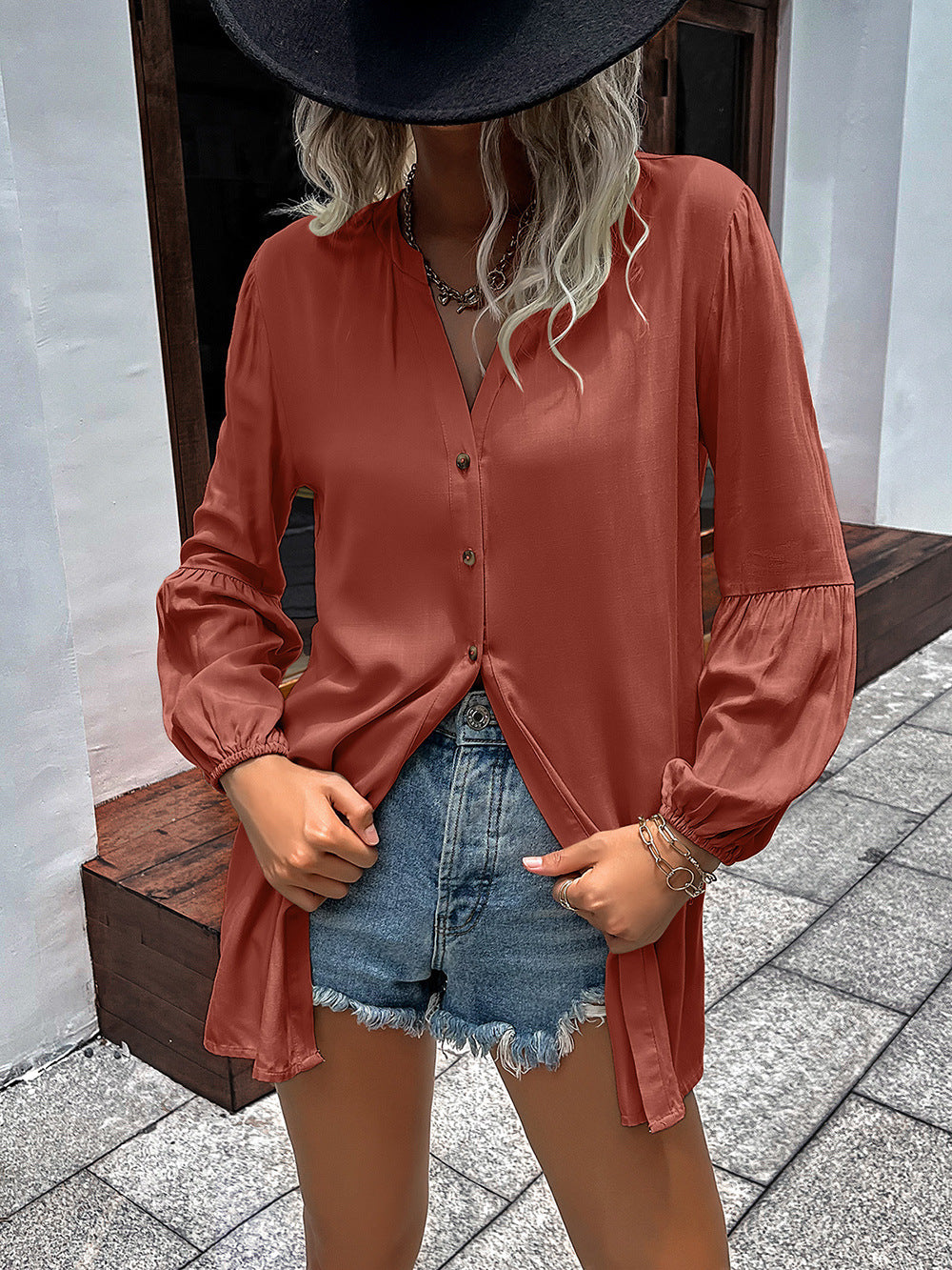 Notched Neck Balloon Sleeve Shirt - Body By J'ne