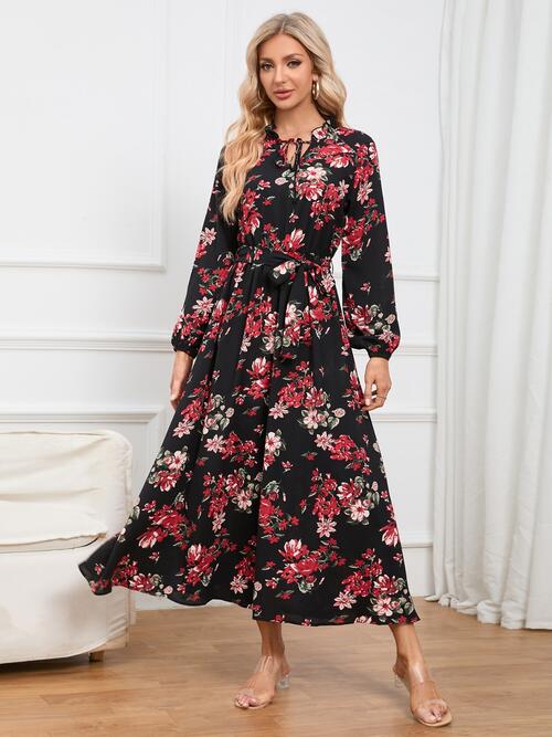 Floral Tie Front Balloon Sleeve Dress - Body By J'ne