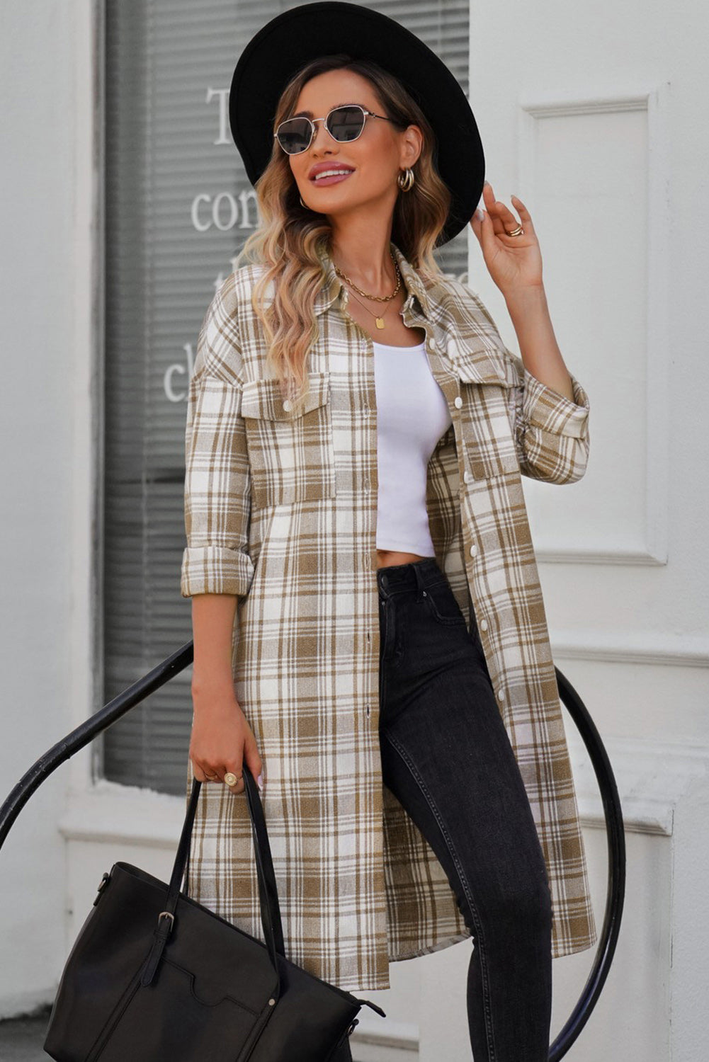 Plaid Button-Up Longline Shacket with Breast Pockets - Body By J'ne