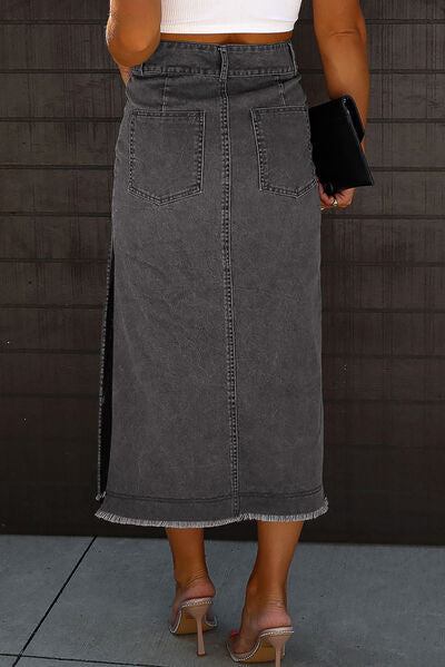 Raw Hem Slit Pocketed Midi Denim Skirt - Body By J'ne