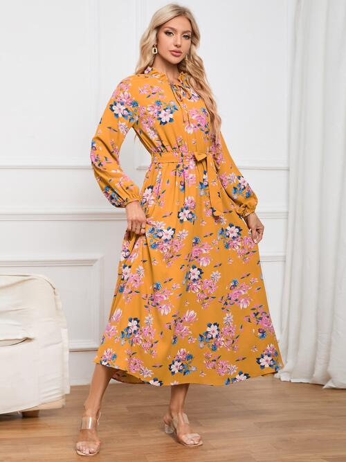 Floral Tie Front Balloon Sleeve Dress - Body By J'ne