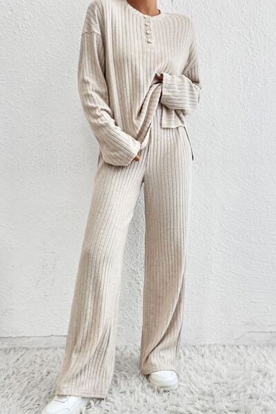 Ribbed Half Button Knit Top and Pants Set - Body By J'ne