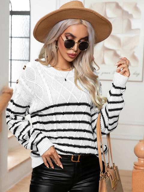 Striped Round Neck Cable-Knit Sweater - Body By J'ne