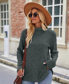 Ribbed Turtleneck Long Sleeve Slit Knit Top - Body By J'ne