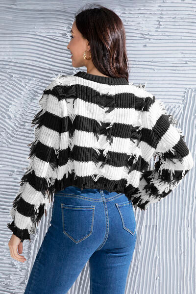 Striped Fringe Round Neck Sweater - Body By J'ne