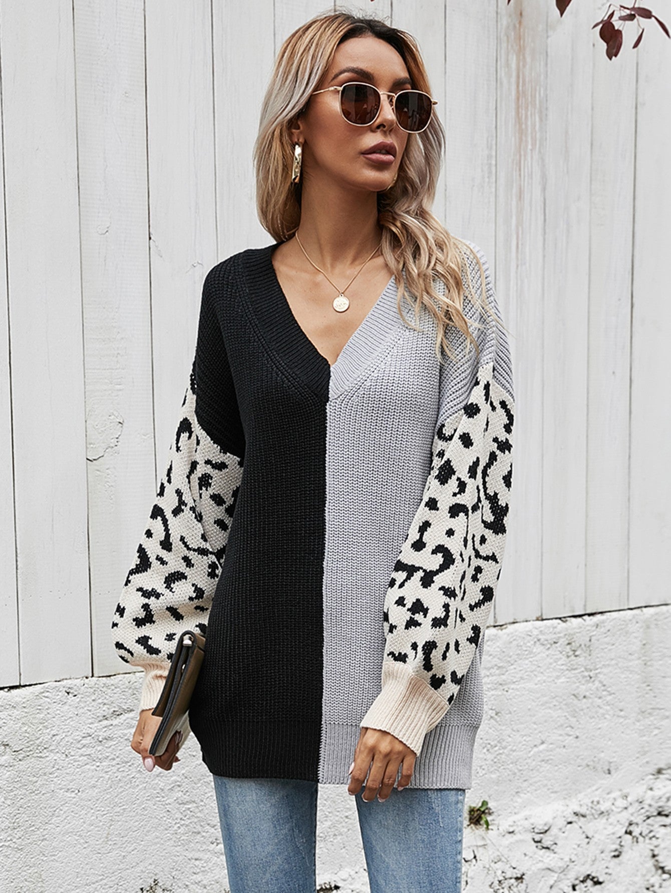 Leopard Color Block V-Neck Tunic Pullover Sweater - Body By J'ne