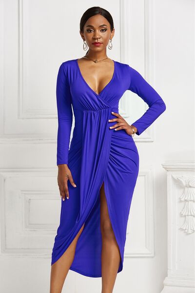 High-low Ruched Surplice Long Sleeve Dress - Body By J'ne